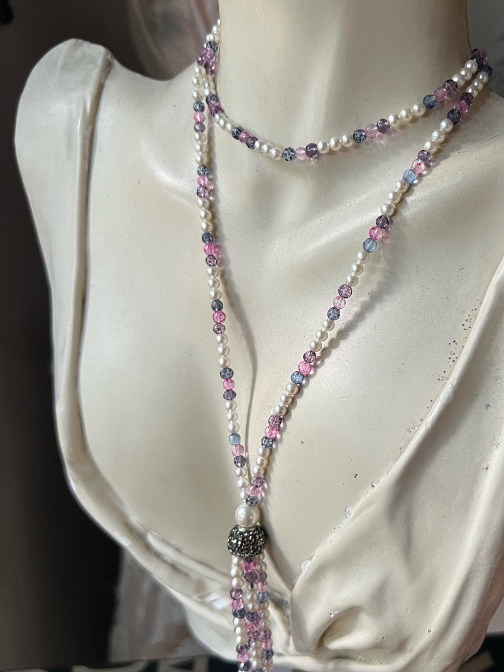 Elegant Pink and White Pearl Beaded Lariat Necklace NEW!
